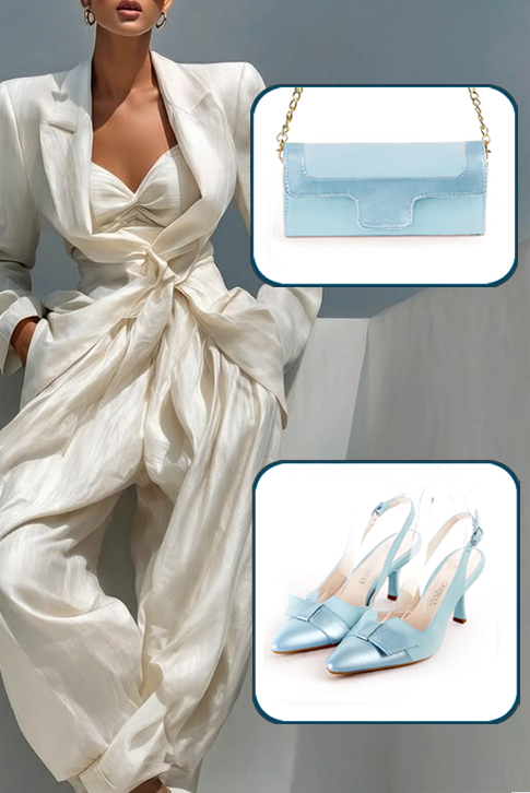 Women's sky blue elegant slingback heels, with a bow on the front. Tapered toe. High spool heels - Worn view